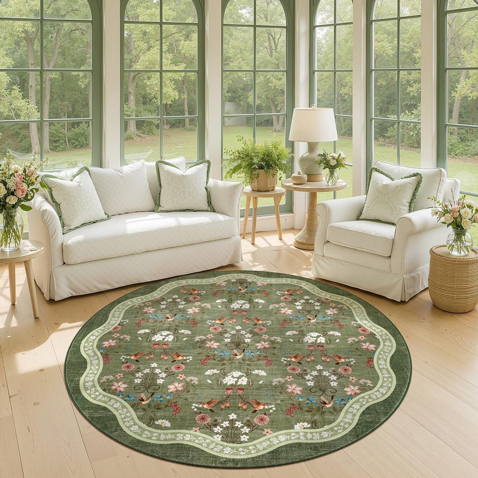 Round Rug 6ft Floral Entryway Soft Washable Kitchen Rug Oriental Non Slip Mat...