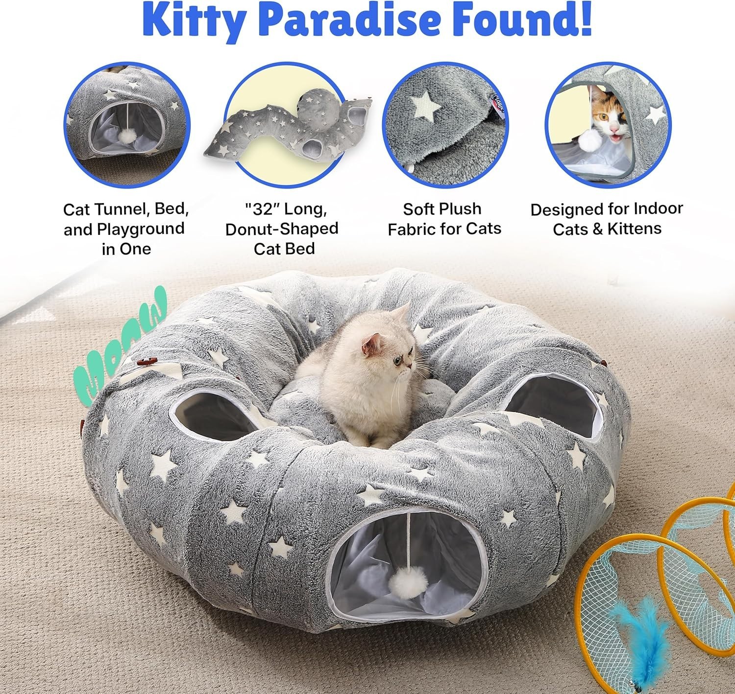 NEW Cat Tunnel Bed Indoor Cats - Plush Interactive Donut Tunnel w/ Dual Peekaboo