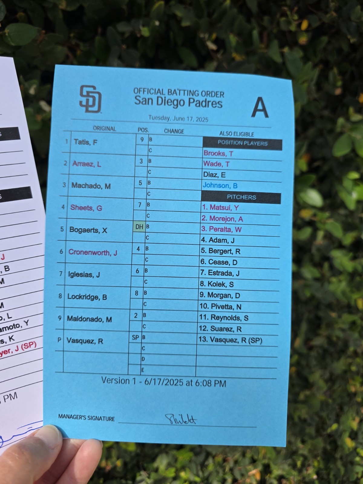 Game Used OFFICIAL BATTING ORDER LINEUP CARDS LA DODGERS & SAN DIEGO PADRES 2025