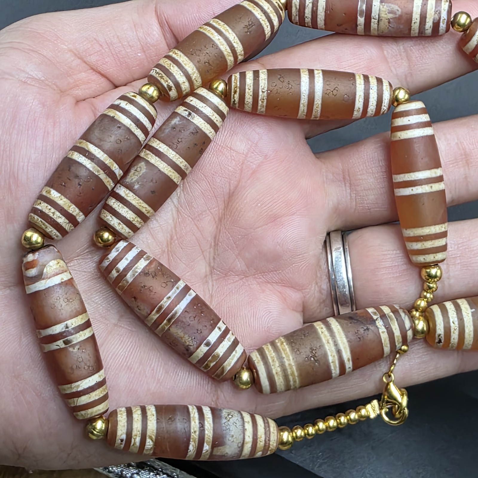 Antique Etched Carnelian Decorated Agate Beads Necklace.