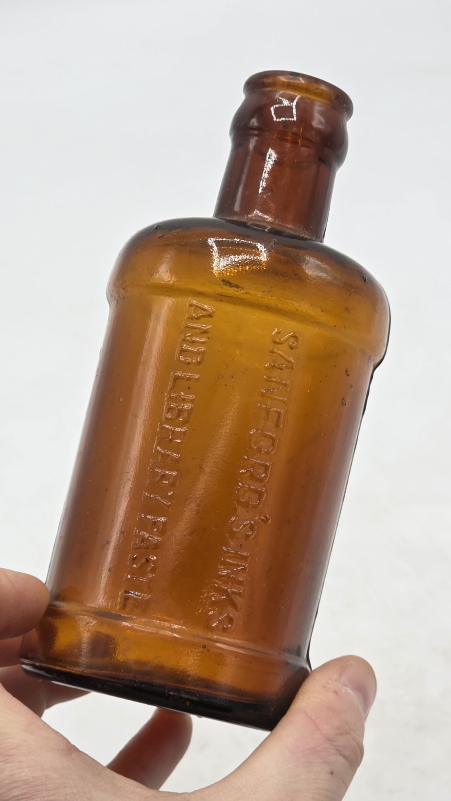 5.75" Sanford's Inks And Library Paste C. 1890 Antique Ink Bottle Applied Lip