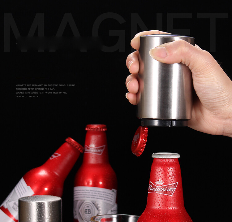 Magnet Automatic Beer Bottle Opener Push Down Soda Cap Collector Stainless Steel