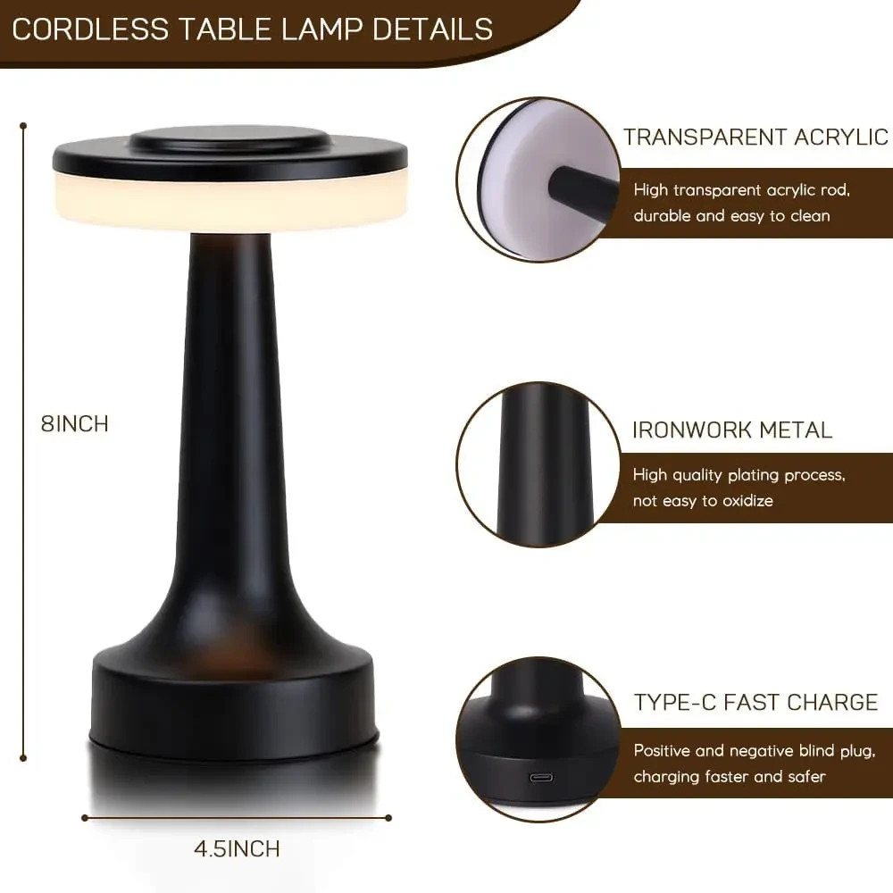 Cordless Metal Desk Lamp, Touch Sensor Control LED Table Lamp,3 Colors