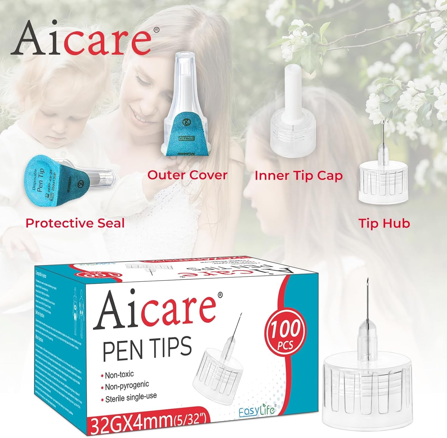 Pen Tips 32G x 4mm, Universal Fit, 100/bx, Comfortable, Extra-Thin