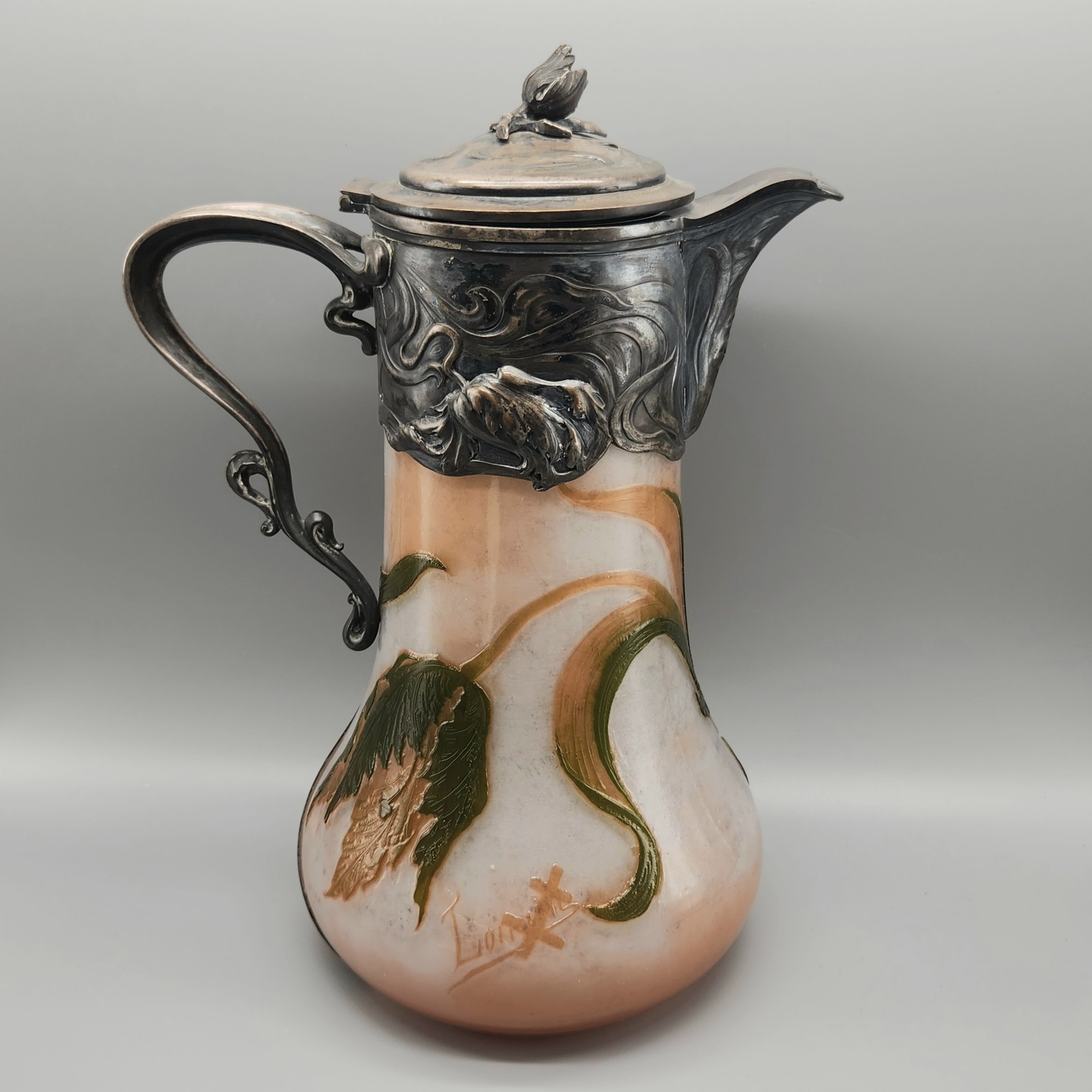 Antique Claret Jug Daum Nancy Victor Saglier Thistle Cameo Glass Art Nouveau 11"