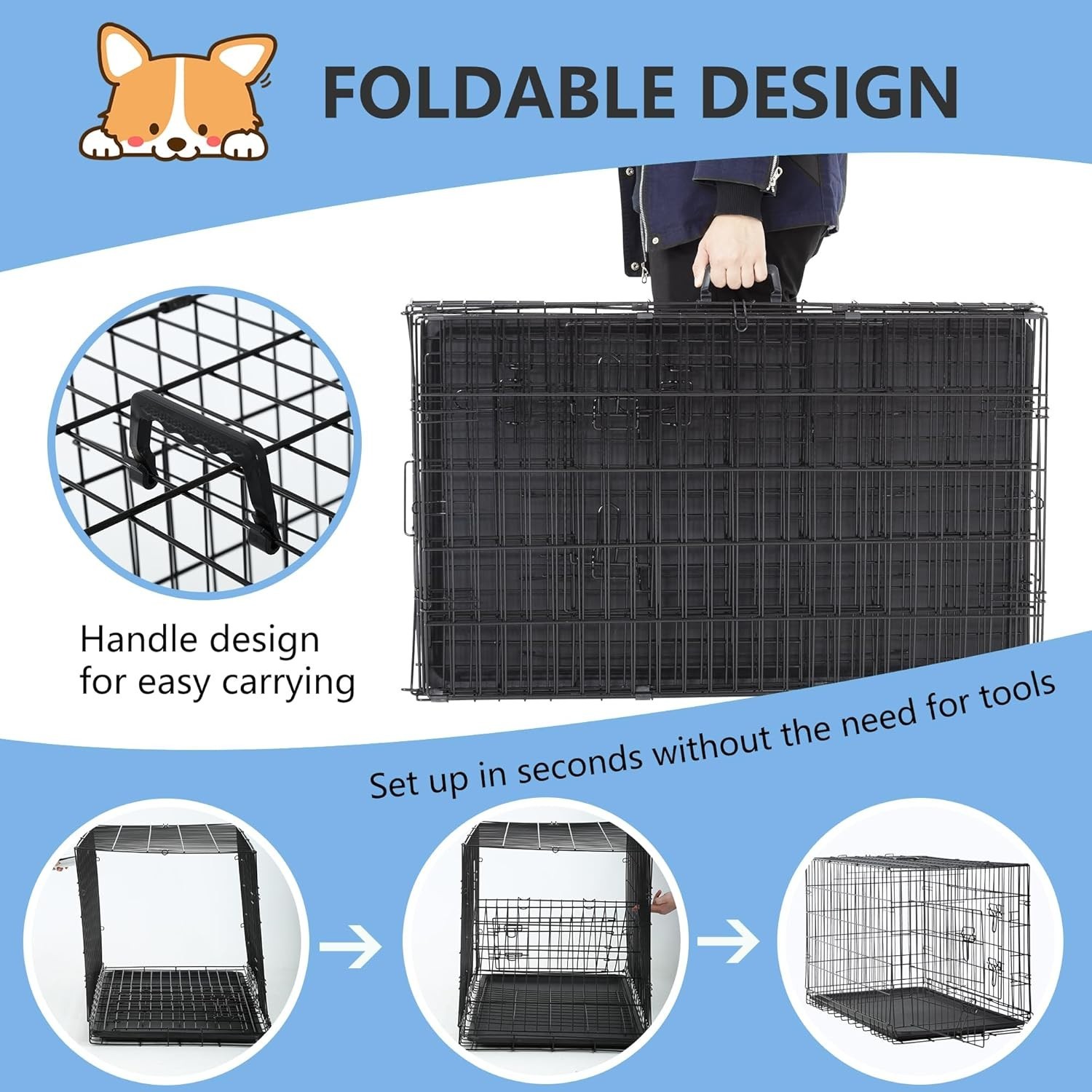 30in Dog Crate Double Door Folding Metal Wire Cage Divider Tray Medium Black