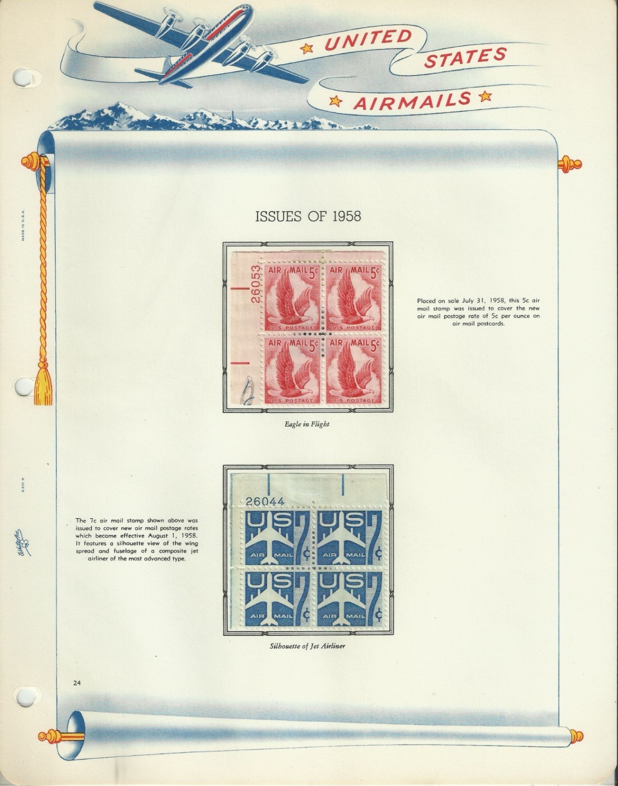 USA Stamps: Air Mail Plate Blocks & Singles on White Ace Album Pages. SCV $350+