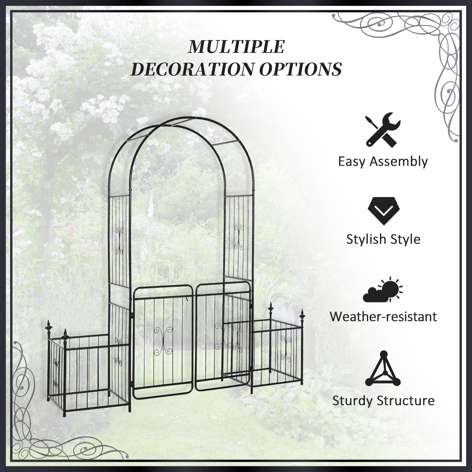 Outdoor Decorative Steel Backyard Gate & Trellis w/ Two Door Design & Scrollwork