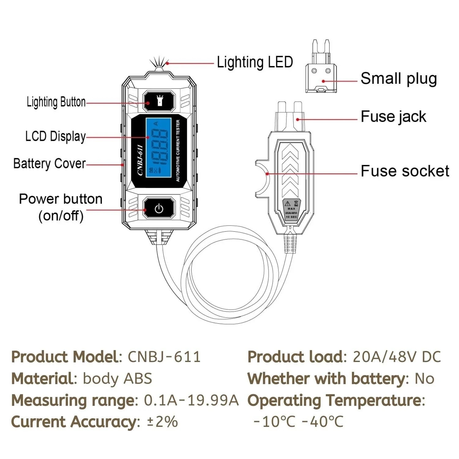 Automotive Circuit Fault Probe Tester,Portable High-Precision Current Tester 20A