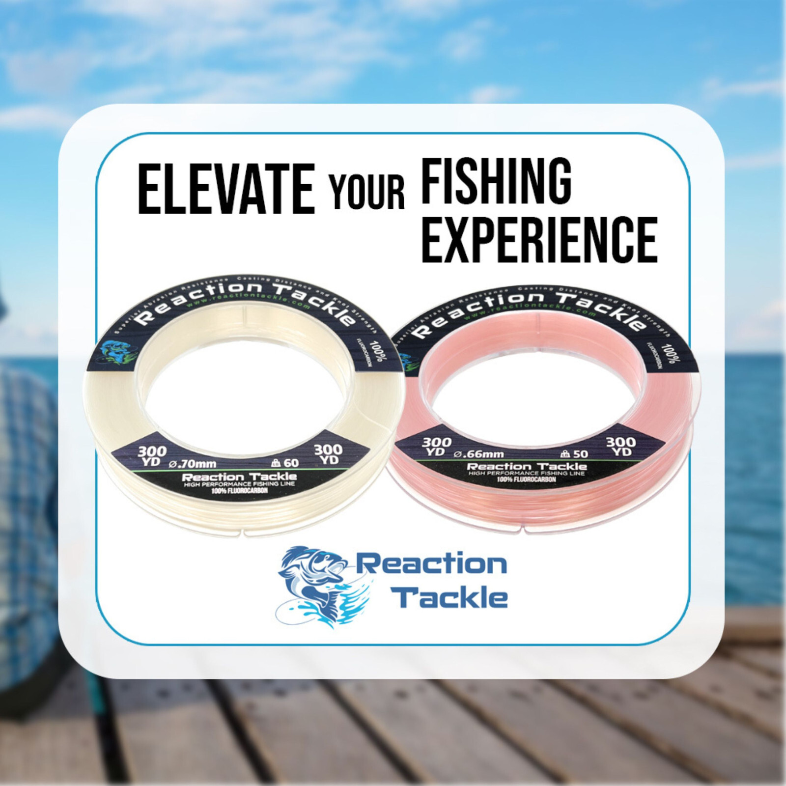 Reaction Tackle 100% Pure Fluorocarbon Fishing Line Pink or Clear Colors