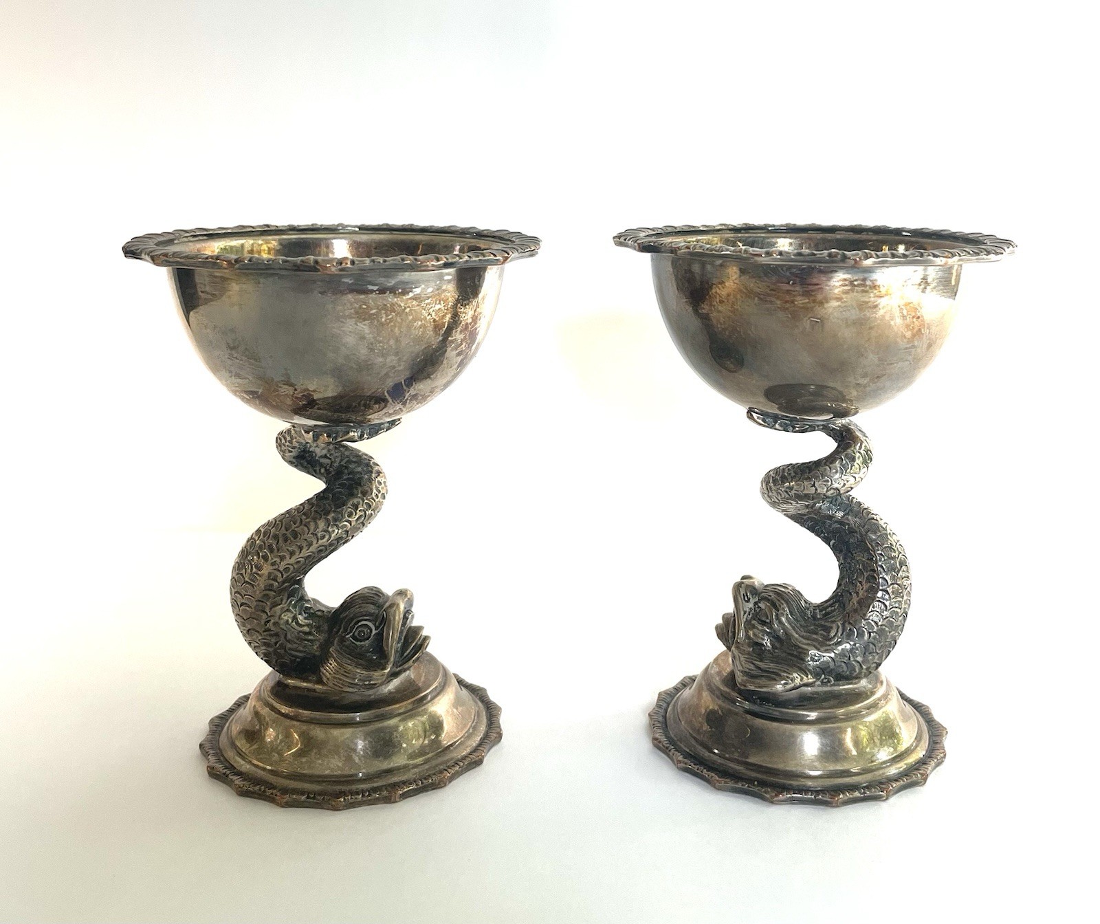 Antique Pair Barker Ellis Dolphin Compotes English Silver Plate Victorian