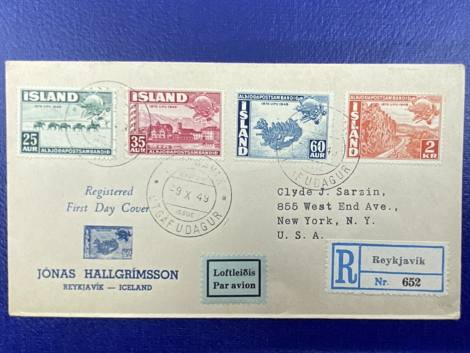 1949 ICELAND FDC UPU 75TH ANIV, Registered First Day Cover, to New York, N.Y.