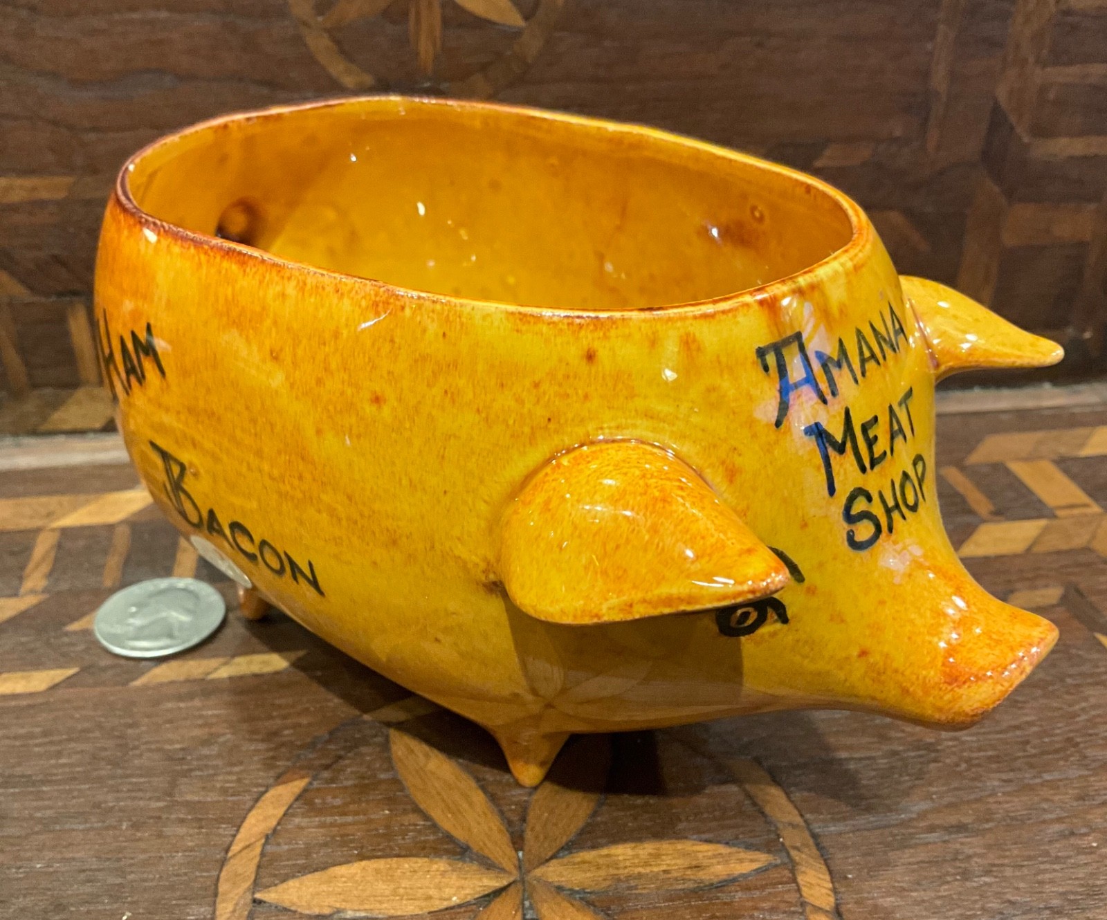 Ceramic Amana Meat Shop Pig Colonies Ham Bacon Bologna RARE planter / bowl ?