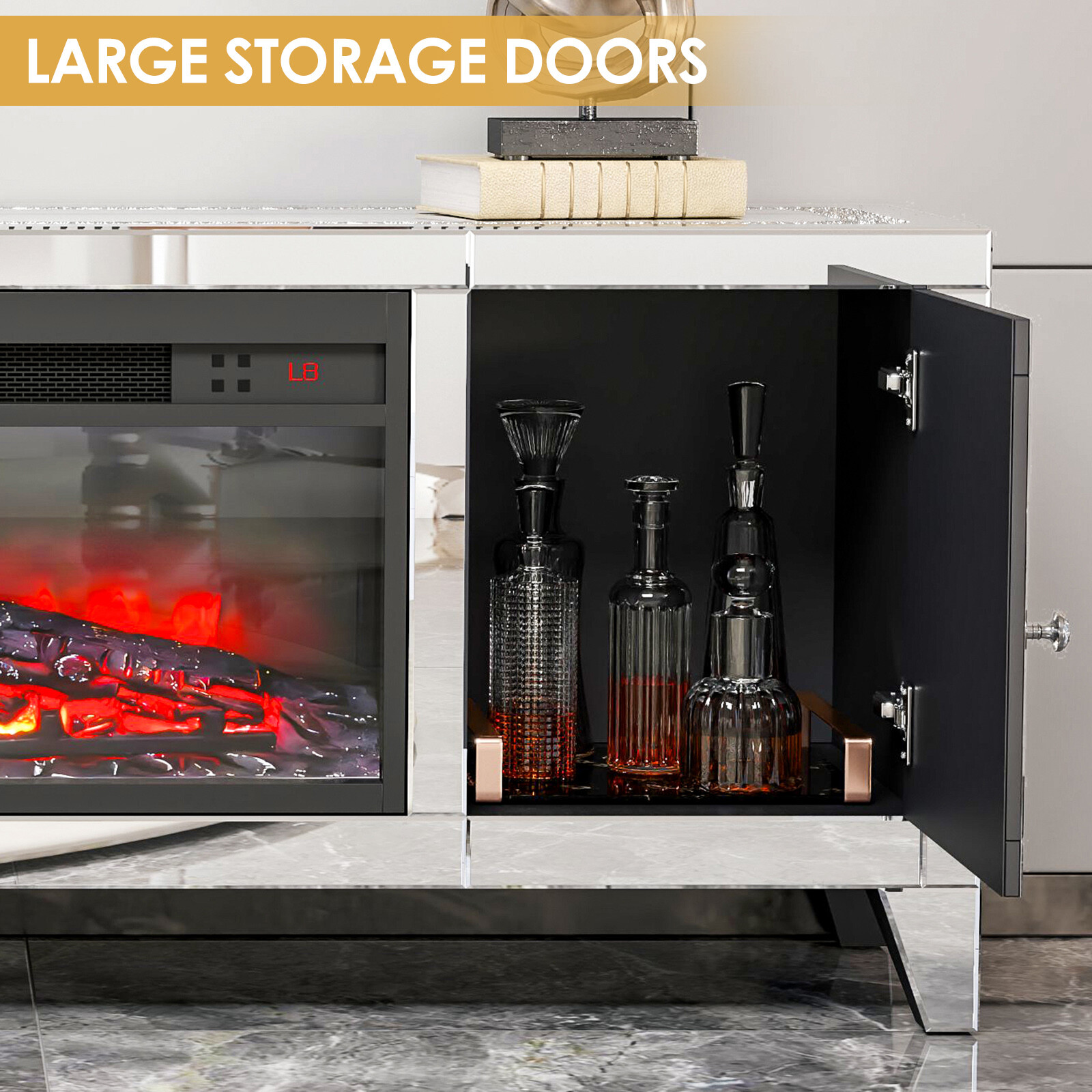 COSVALVE 59"Mirrored Fireplace TV Stand Entertainment Center Crush Diamond 2Door