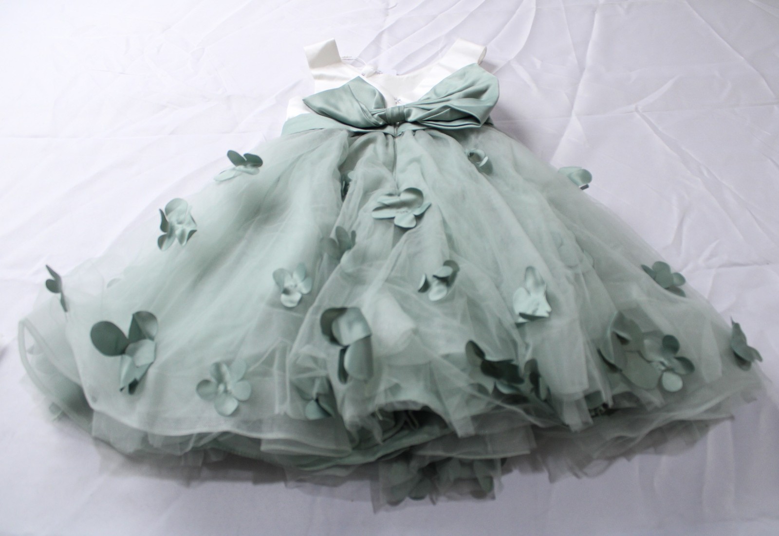 Azazie Girl's A-Line Tea Length Sleeveless Bow Tulle Dress CA4 Agave Size 4 NWT