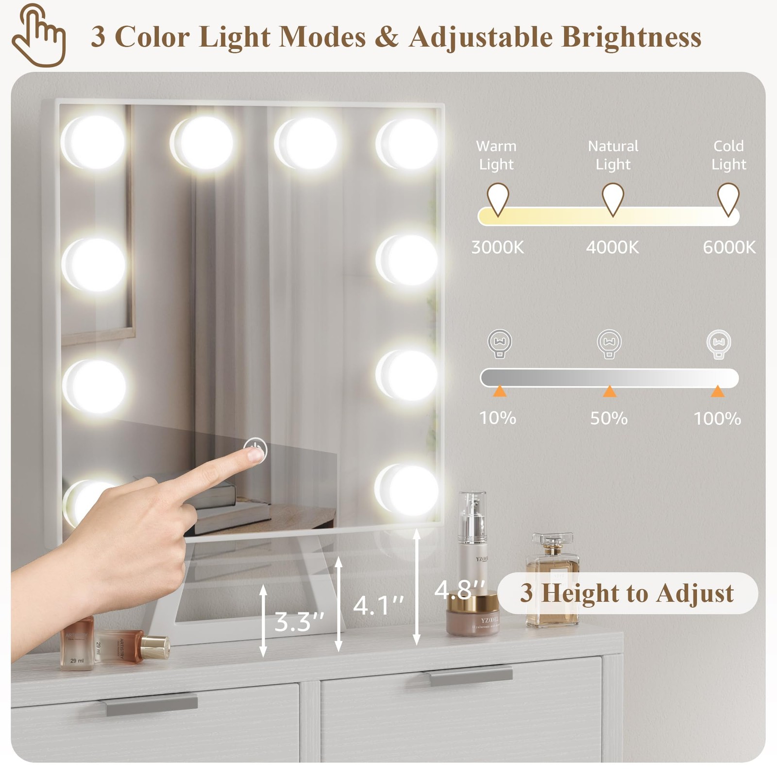 White Makeup Vanity Desk with Hollywood Mirror and Lights, Girls Vanity Set w...