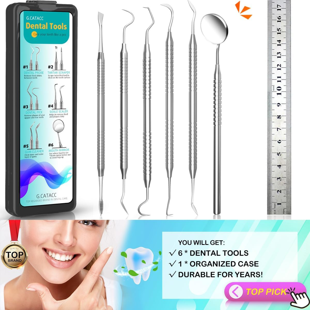 Dental Tools, Dental Pick for Teeth Cleaning, Stainless Steel Hygiene Kit with T