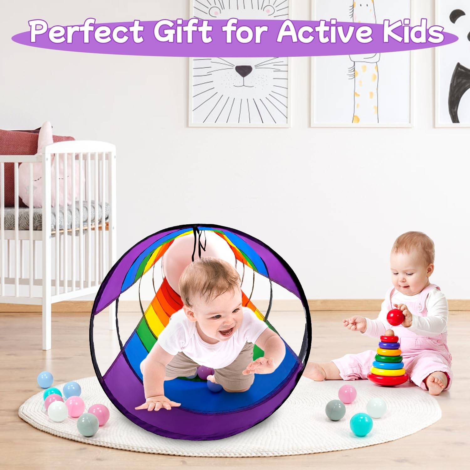 Kids Play Tunnel for Toddlers, Large 21" Colorful Rainbow Pop Up Crawl Throug...