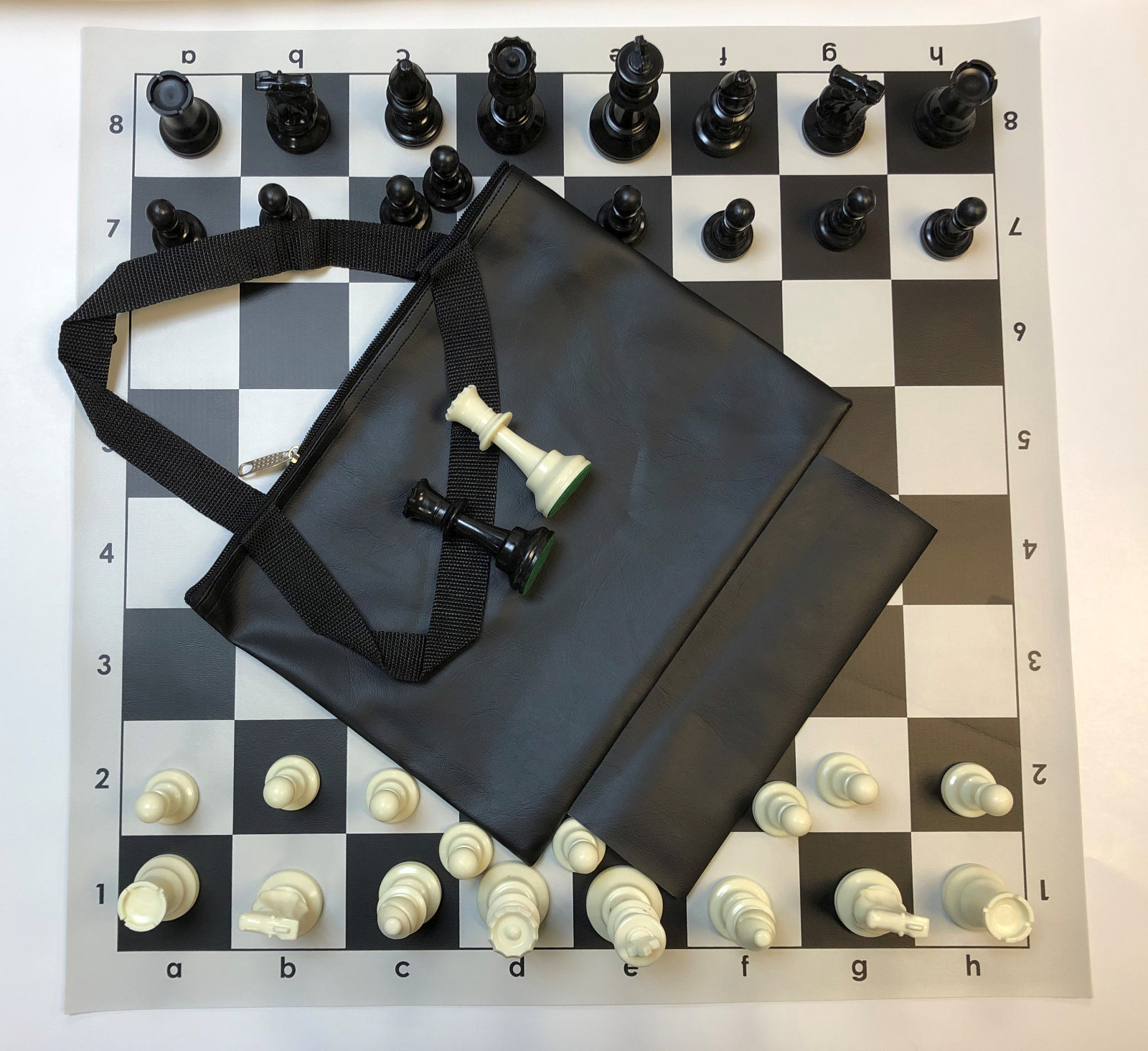 TOURNAMENT CHESS SET COMBO: BLACK BAG W/ LOOP, BLACK BOARD & CHESS PIECES
