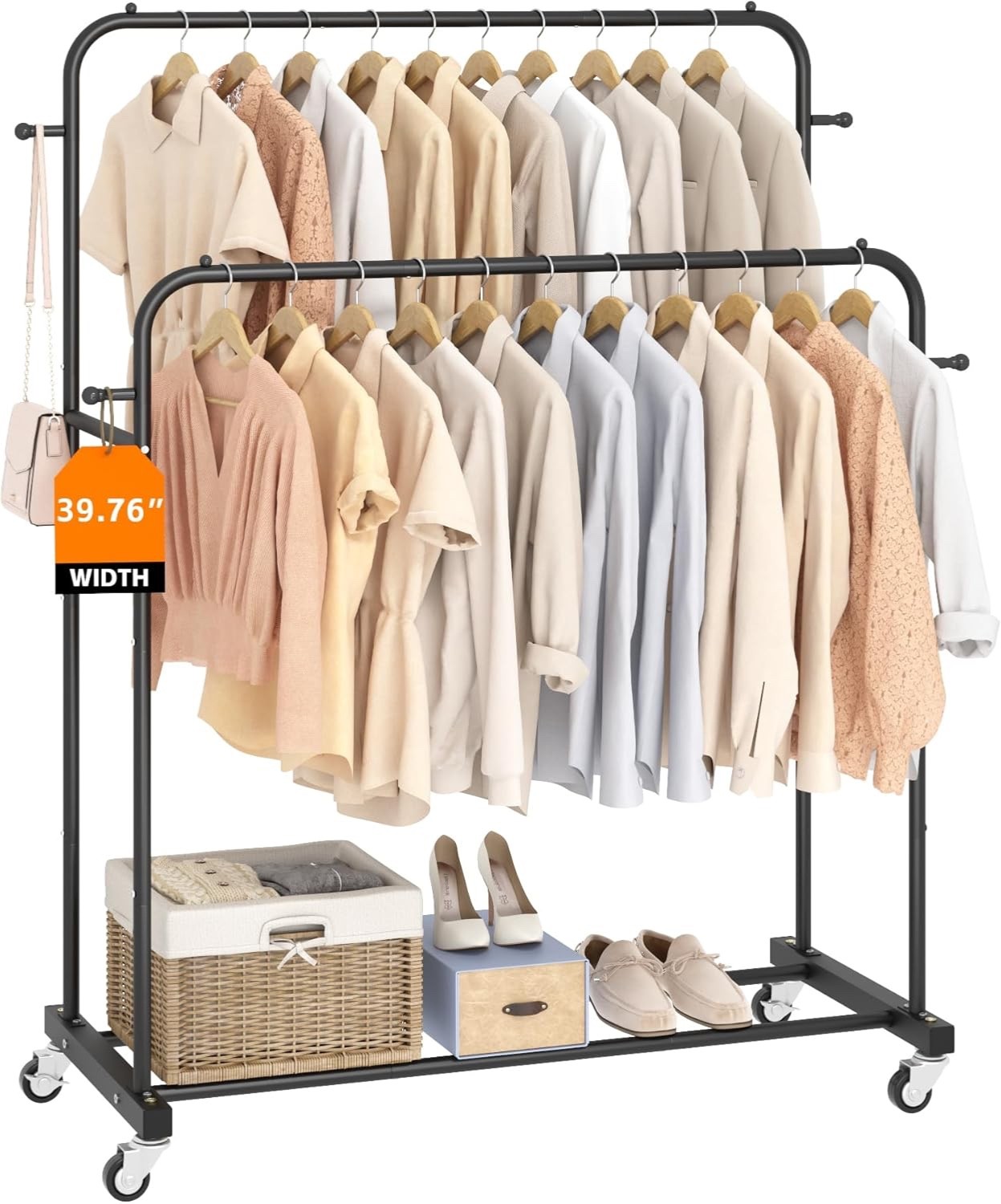 Laiensia Double Rods Garment Rack with Wheels, Clothing Rack for Hanging Clothes