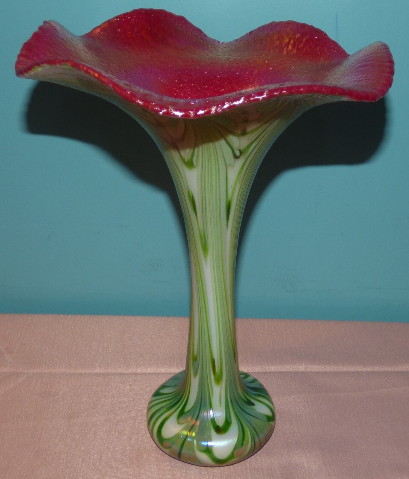 Charles Lotton Aventurine Art Glass Vase 2009 White/Green Pulled Feather 12 1/4"