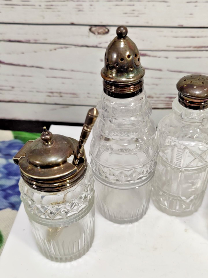 Antique Victorian Era Sliver Plated Four Cut Crystal Bottles Cruet Set