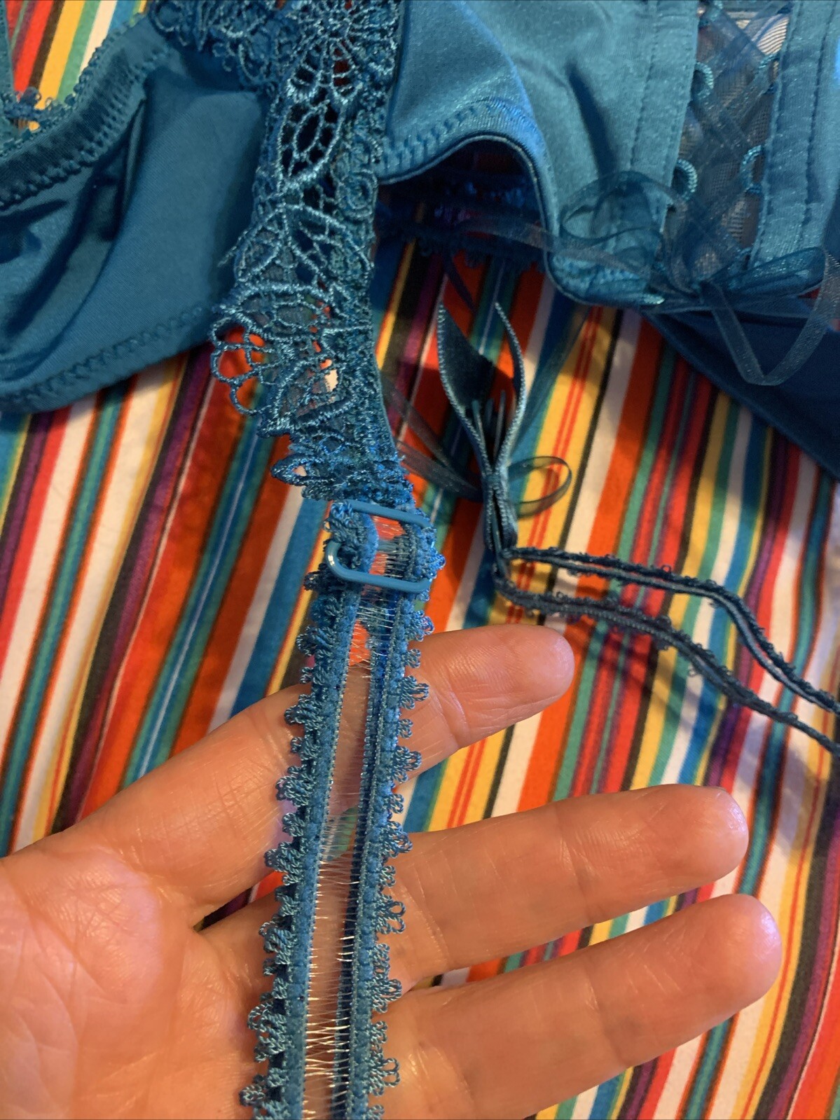 NWT FELINA Lingerie Crochet LACE GARTER BELT Teal 2148 P/S