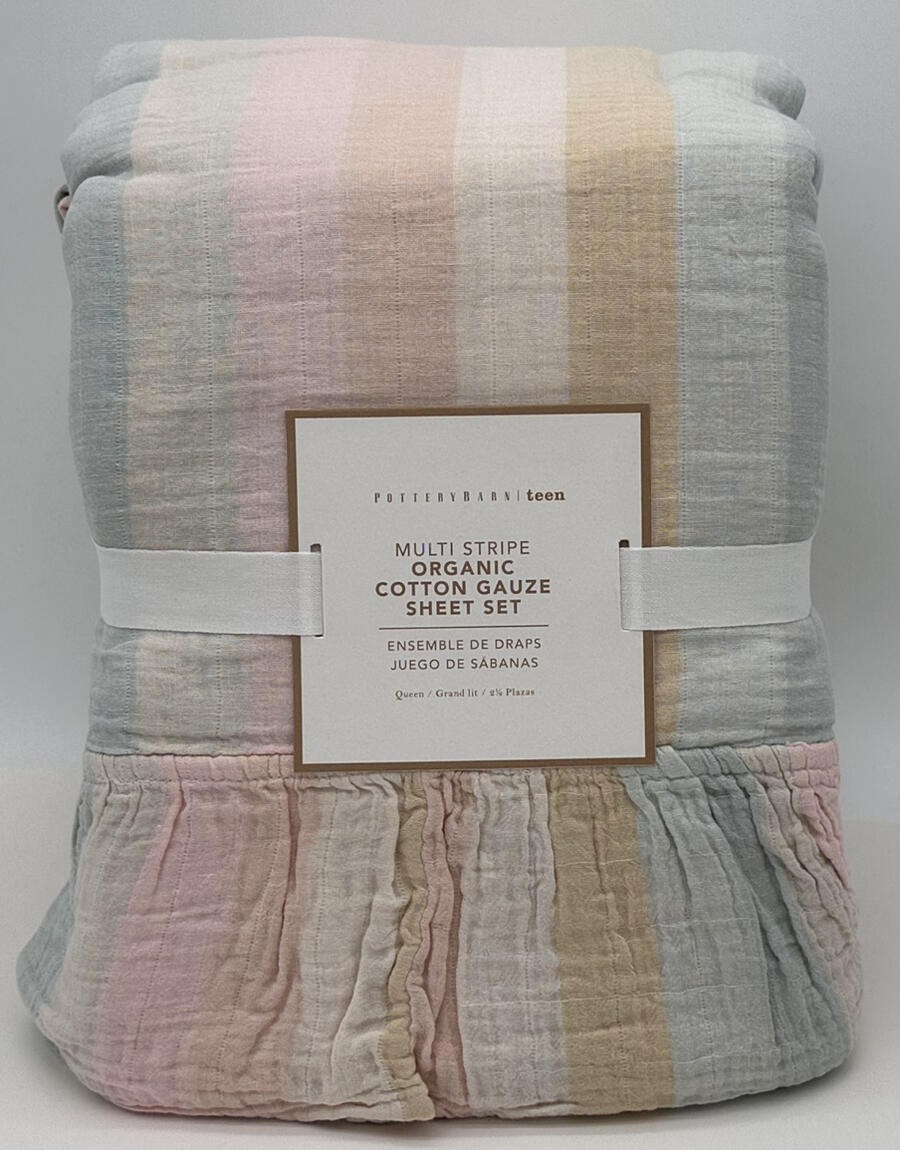 Pottery Barn Teen Multi Stripe Organic Cotton Gauze QUEEN Sheet Set