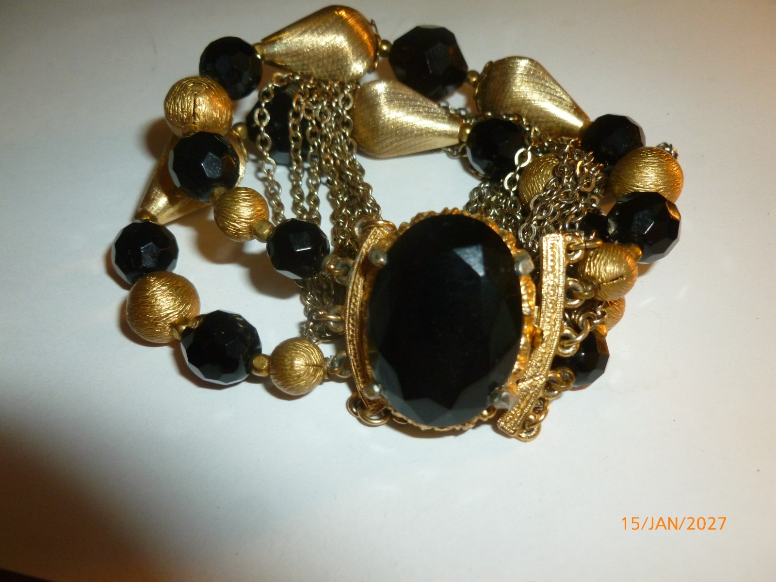 Vintage Black Faceted Rhinestone Gold Tone Bon Bons Chains Bracelet 7" Quality