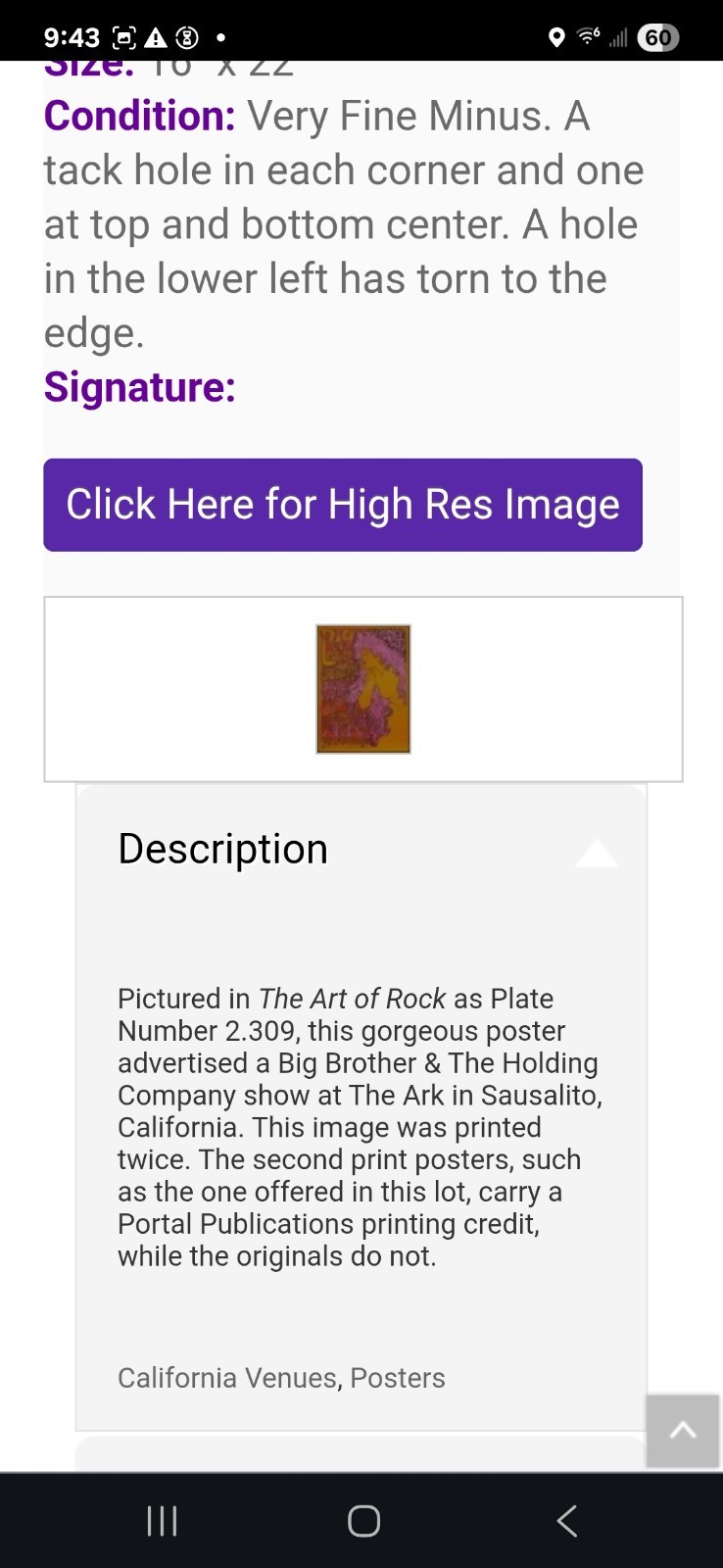 Big Brother Janis Ark Sausalito Poster AOR 2.309 1967 2nd Print RP-2 BG FD