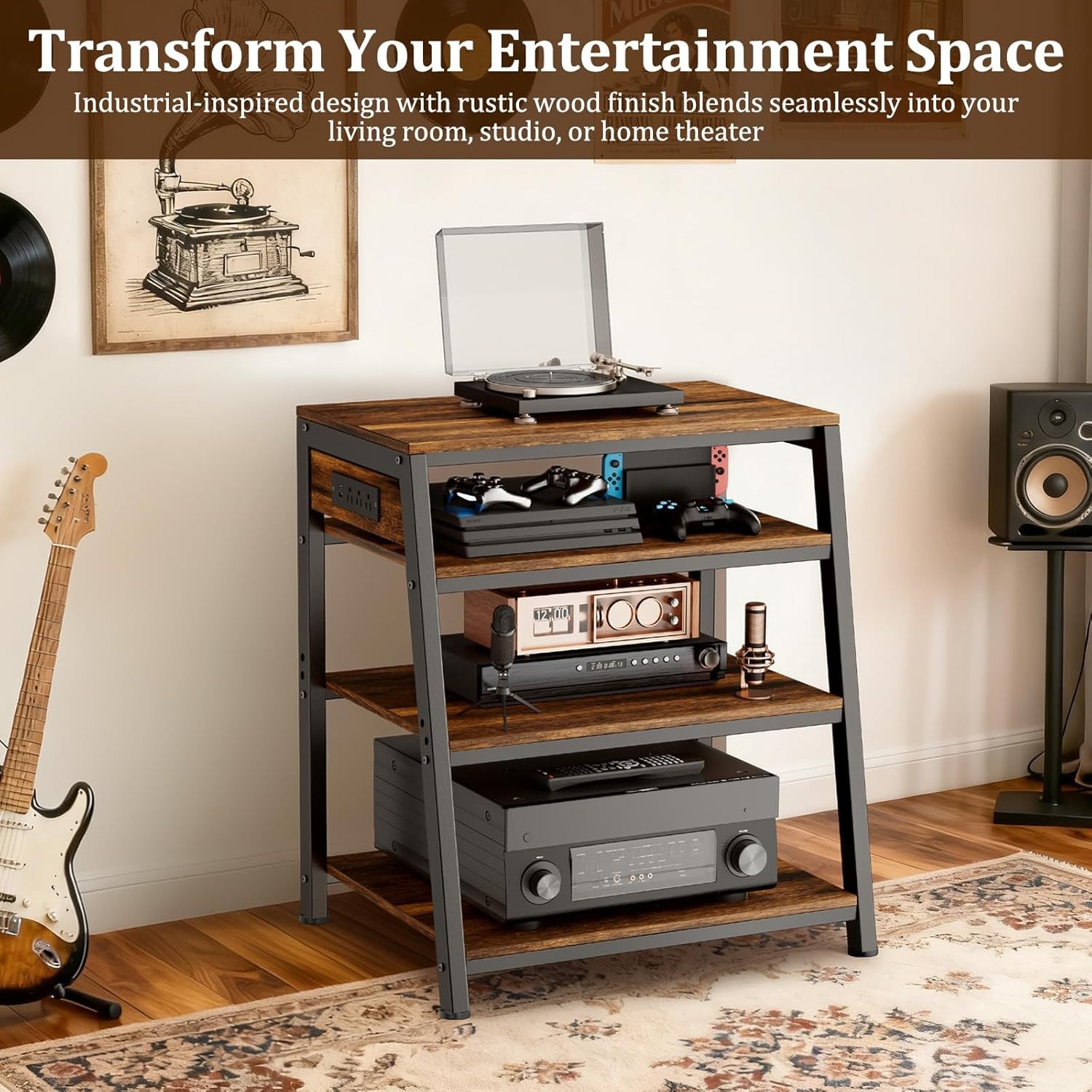 4-Tier AV Media Stand Stereo Cabinet Audio Rack W/ Side Power Strip & 2 Shelves