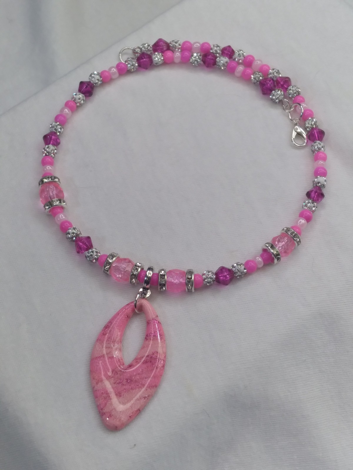 Handcrafted Beaded Pink Polymer Clay Pendant Memory Wire Choker Earring Set