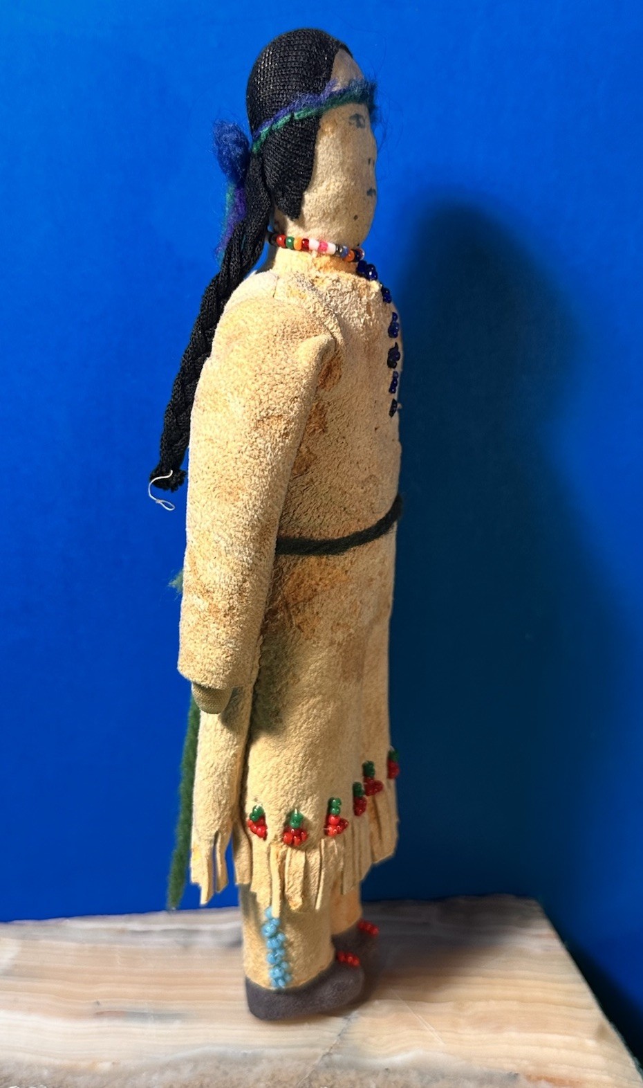 RARE 19th Century Antique Native Plain’s Indian Fringe Beaded Hide Doll Ink Face