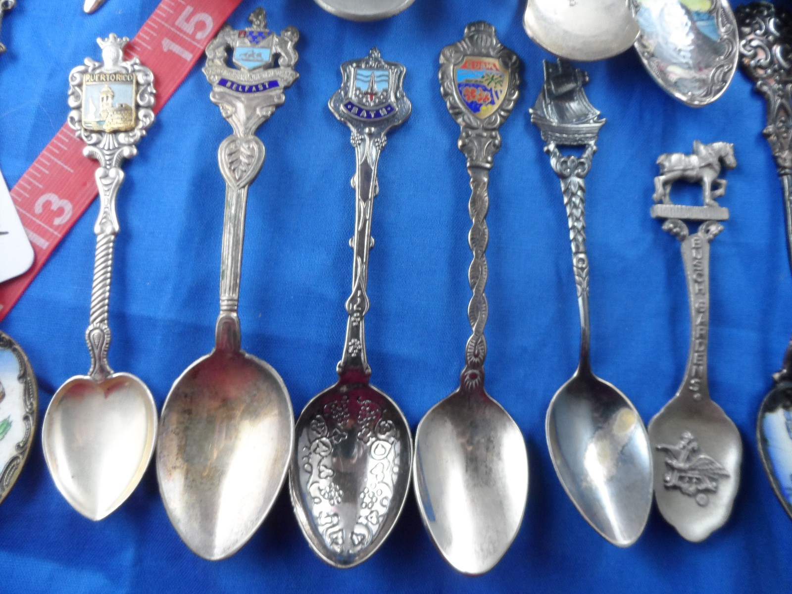 Fresh Souvenir Spoon Lot of 25-Enamel Bowl, Silverplate, Pewter, Brass, Nice