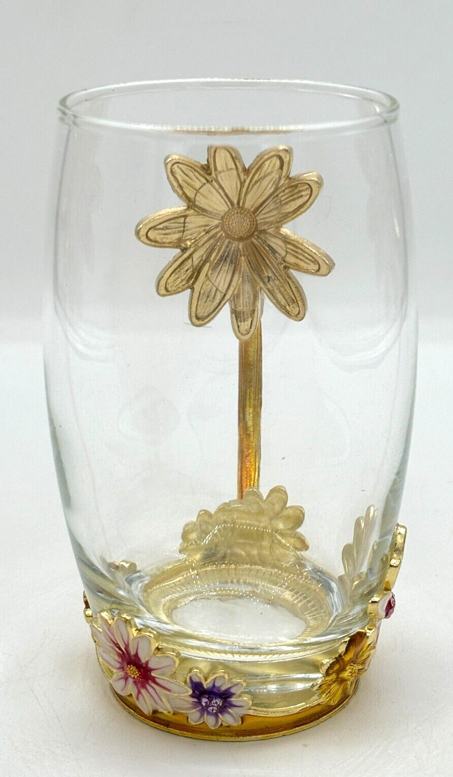 Luxury Glass 12oz Teacup Set Enamel Flower Handle and Base With Teaspoon Coaster