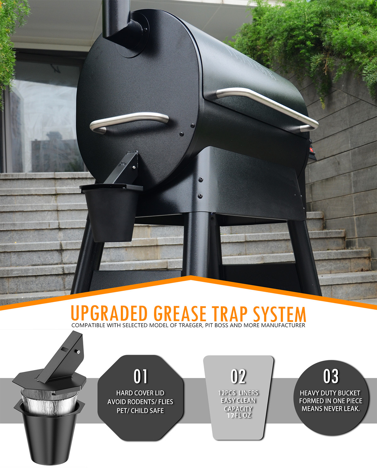 Upgraded Grease Bucket with Lid, Drip Bucket for Traeger, Pit Boss, Z Grills