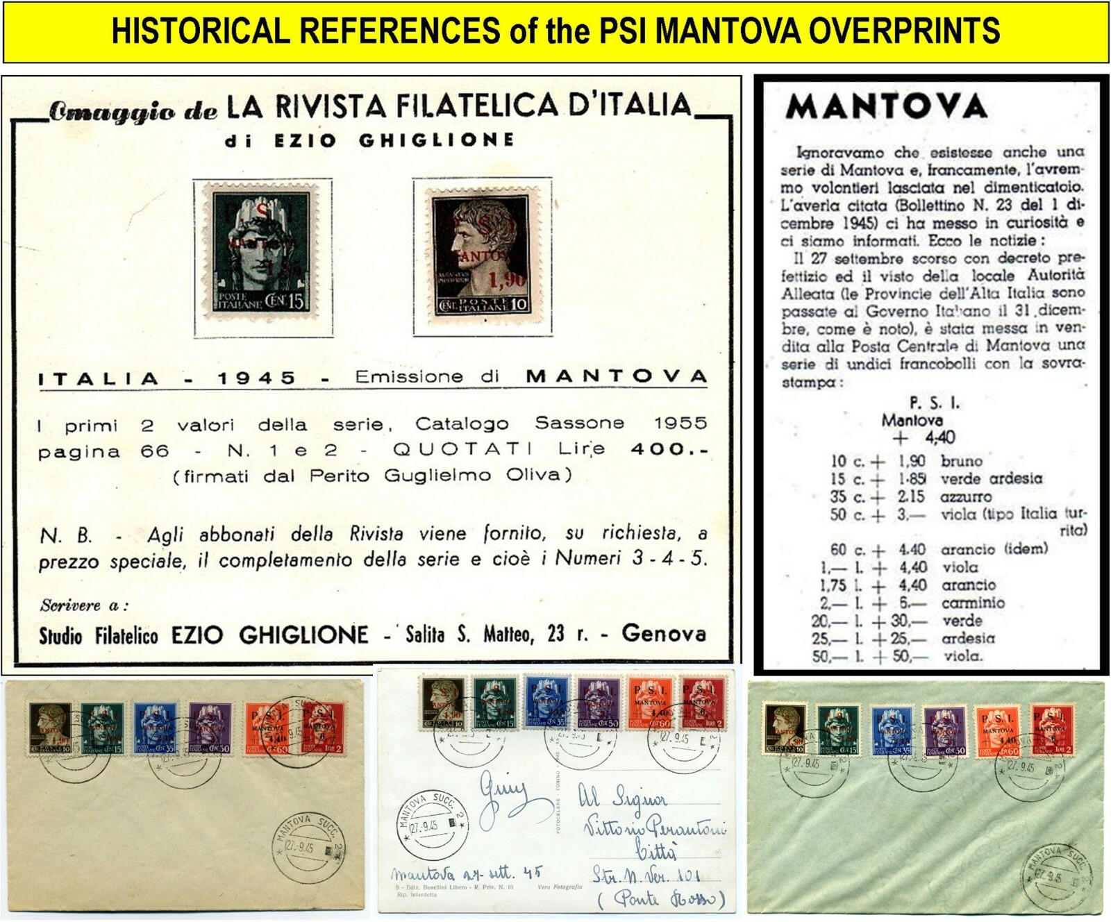 PSI MANTOVA CLN - 3 excellent rare stamps - 1 very rare typeset freak 1945 (159)