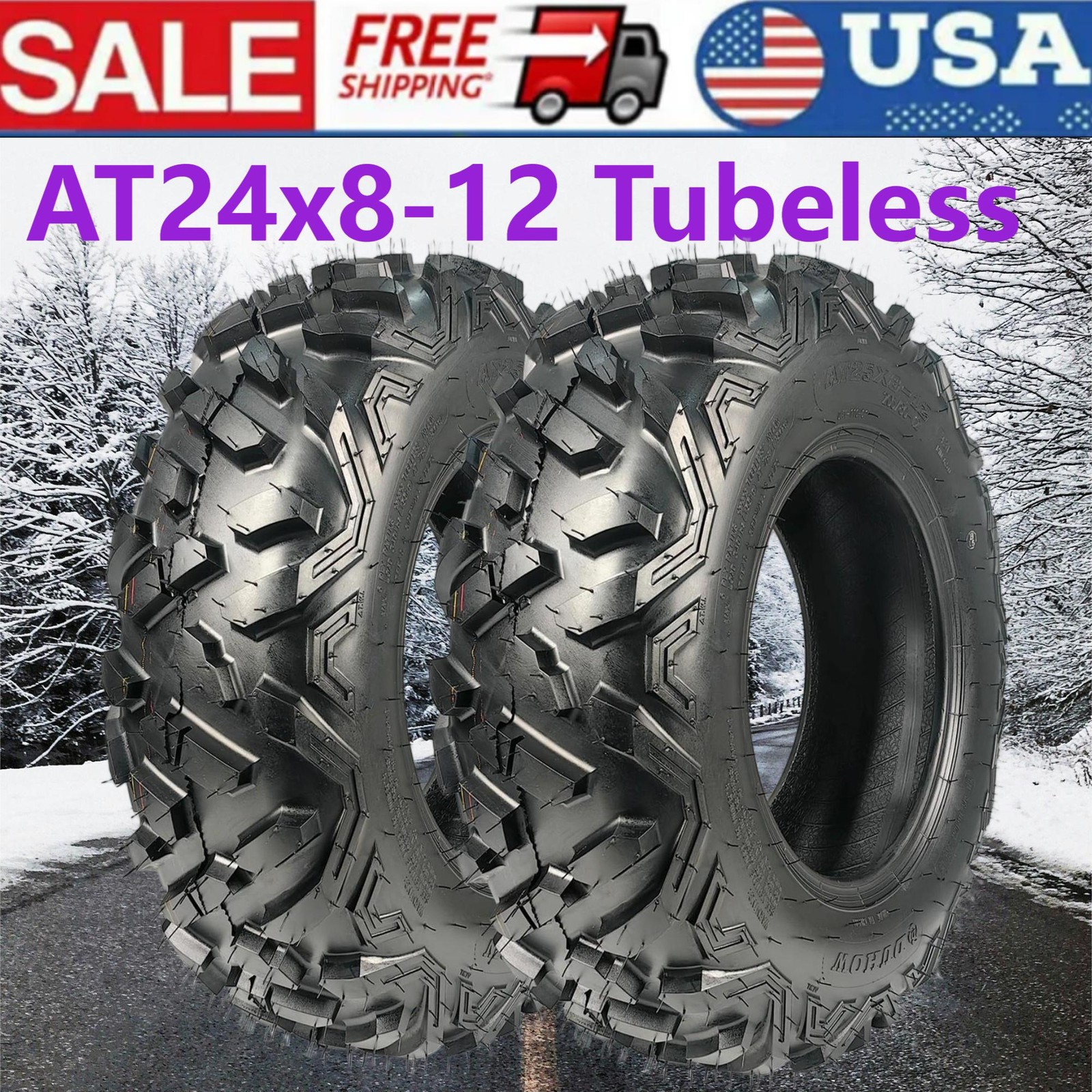 2 Pack 24x8-12 ATV Tires 6Ply 24x8x12 UTV Tires 24 8 12 All Terrain Heavy Duty