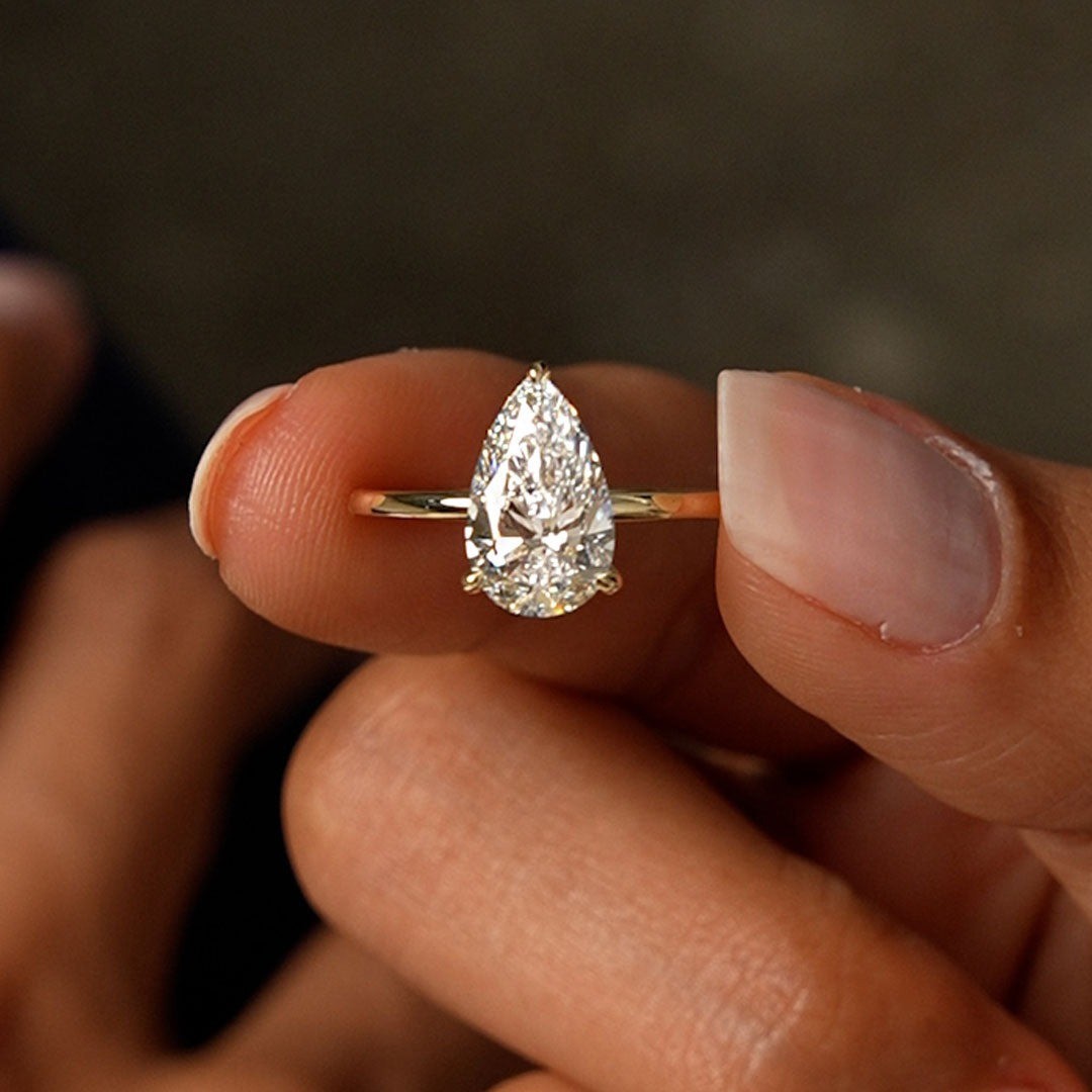 3 Ct Pear Cut Lab Grown Diamond Hidden Halo Engagement Ring 14k Yellow Gold