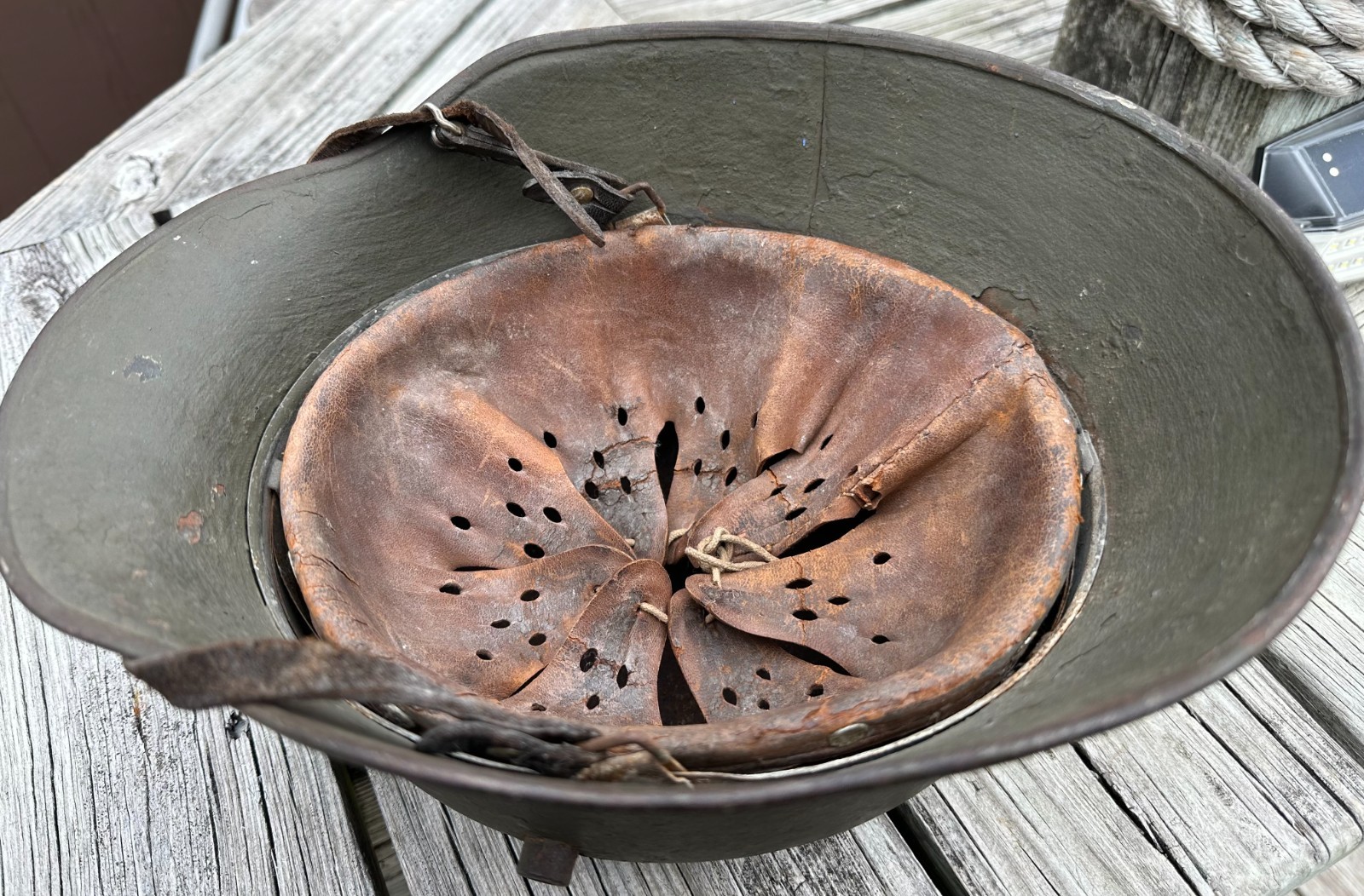 WWI WWII German M18 Combat helmet - thick camo finish - 1938 chinstrap