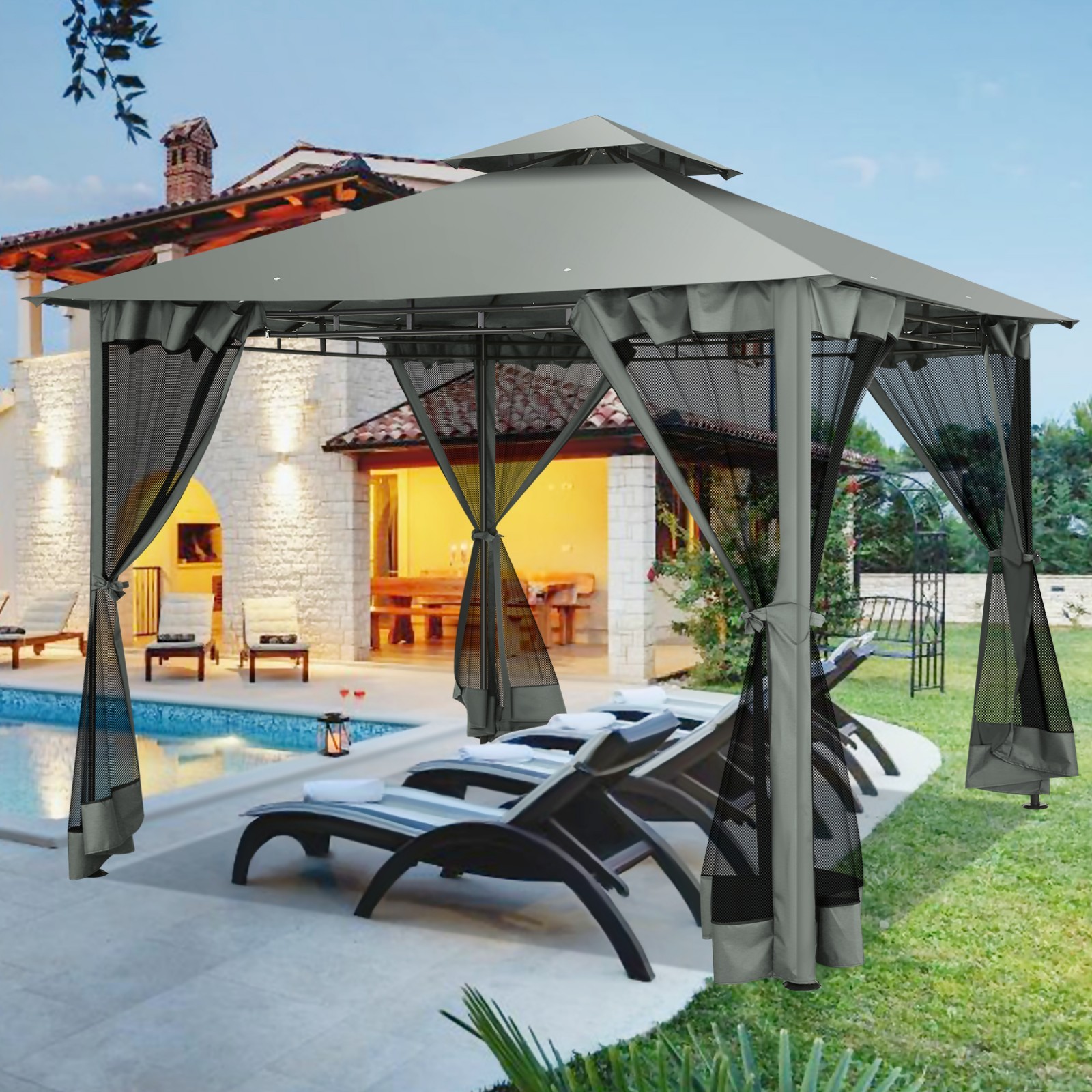 10x10 Patio Gazebo with Mosquito Netting Heavy Duty BBQ Canopy Tent Double Roof