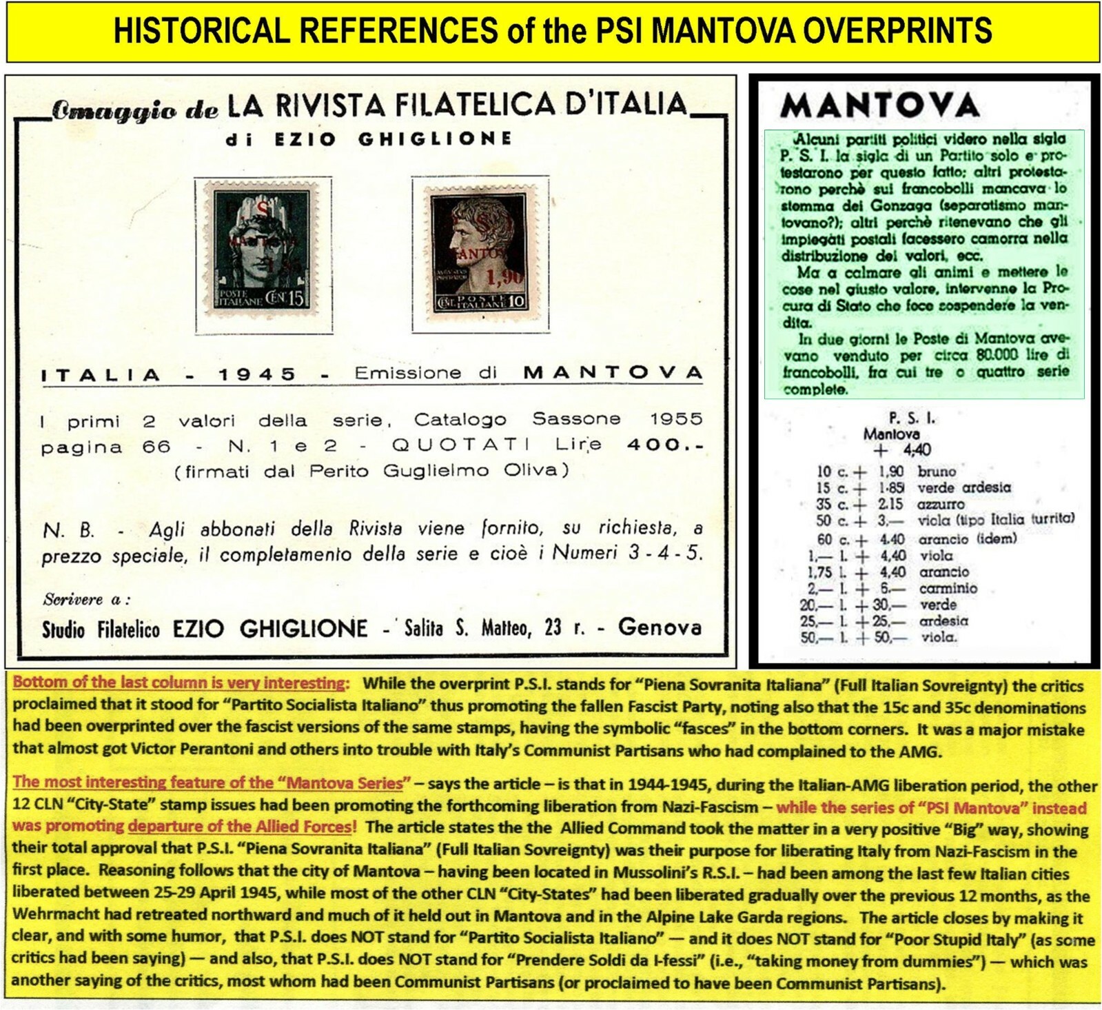 PSI MANTOVA CLN - 3 excellent rare stamps - 1 very rare typeset freak 1945 (159)