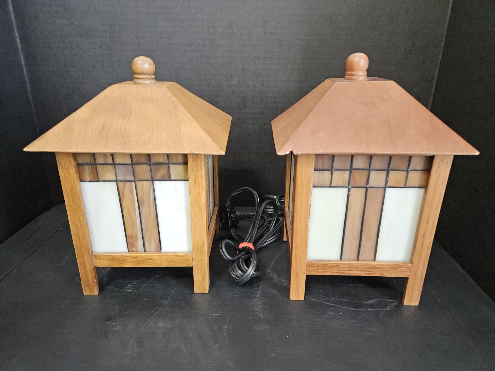 Stained Glass/Wooden Table Lamps Inspired by Frank Lloyd Mission Style Art Set