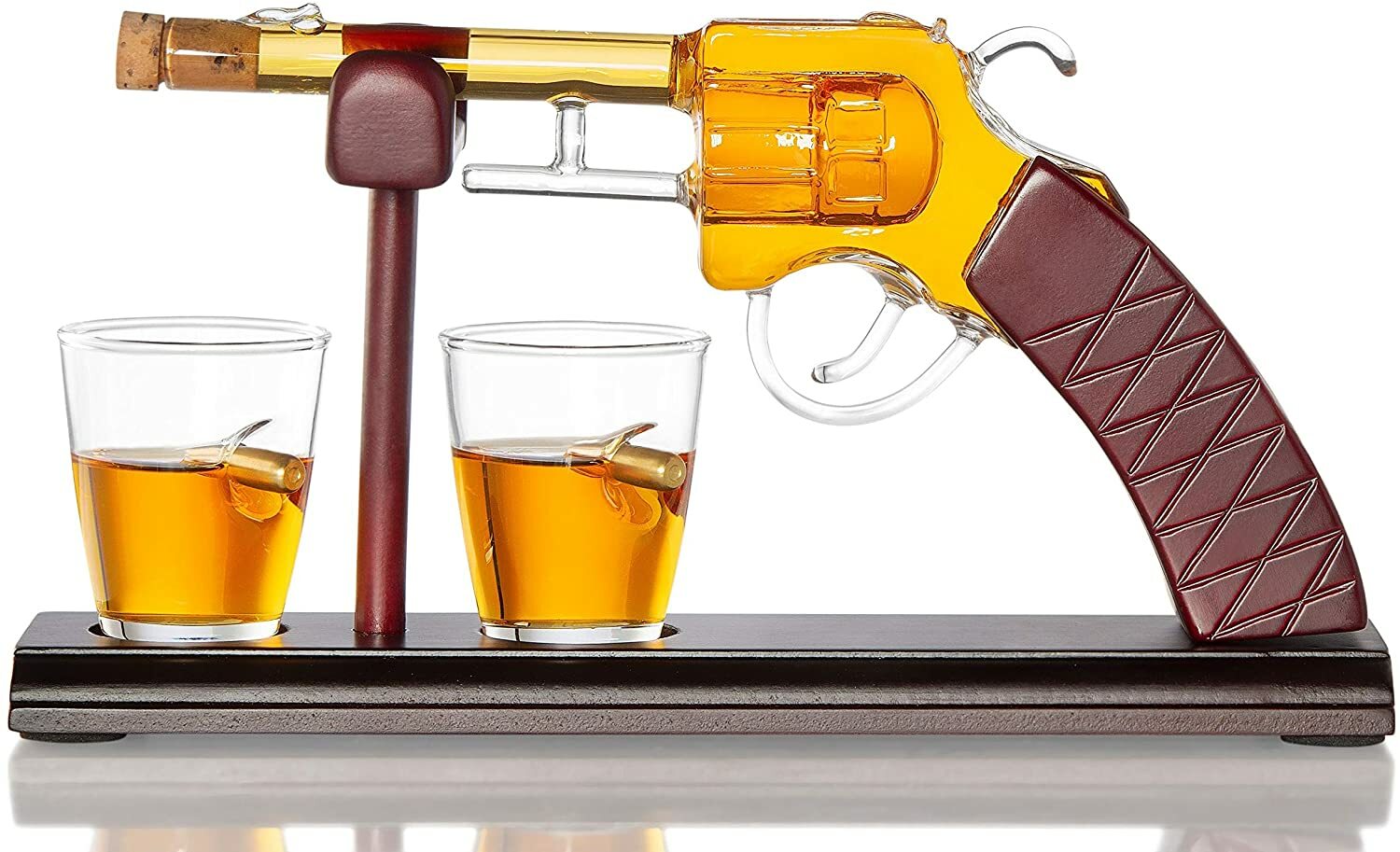 Gun Whiskey Decanter With A Set Of 2 Bullet Glasses & Mahogany Wooden Base 100ml