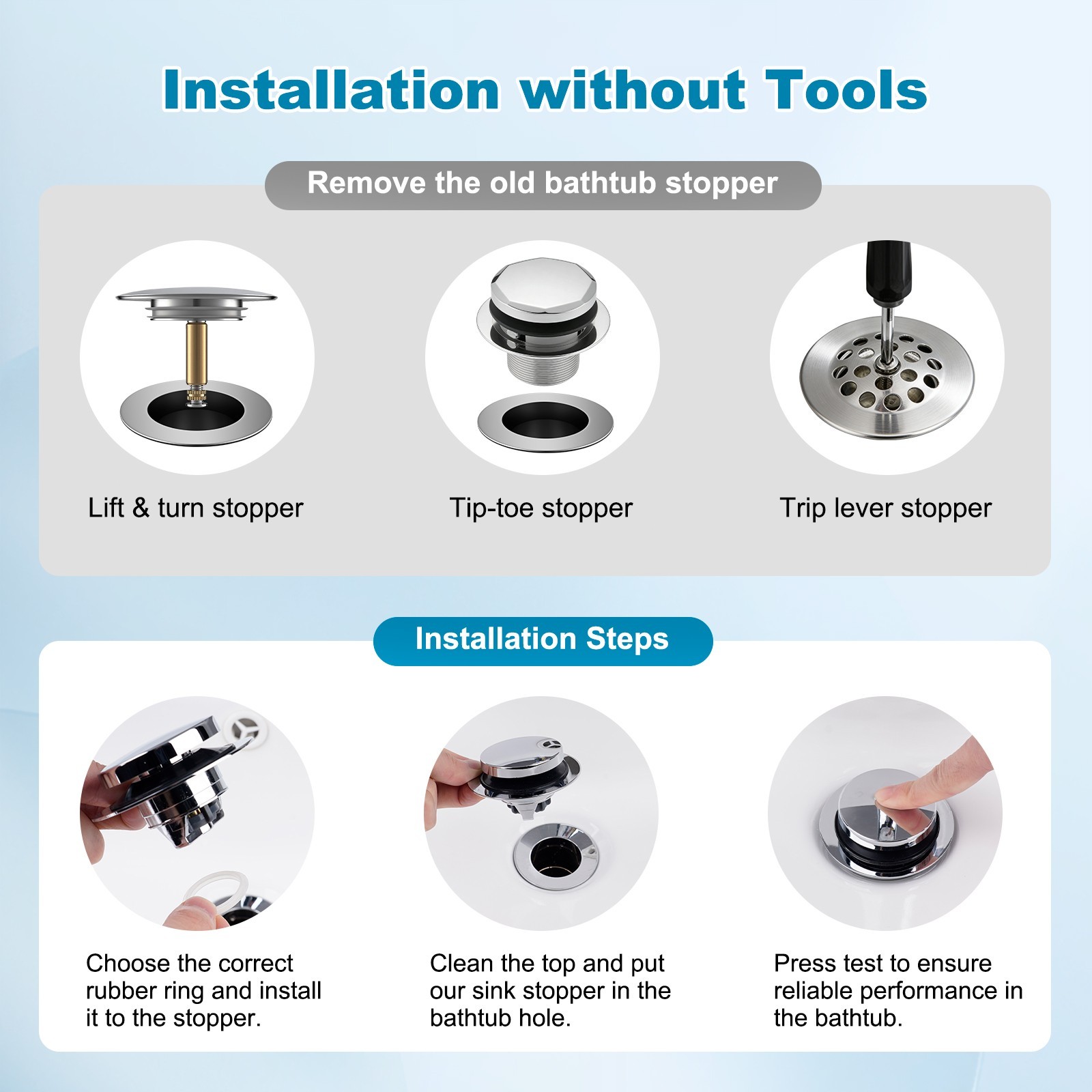 3 in 1 Bathtub Drain Stopper Universal Pop Up Tub Stopper for 1.5''~2.4'' Drain