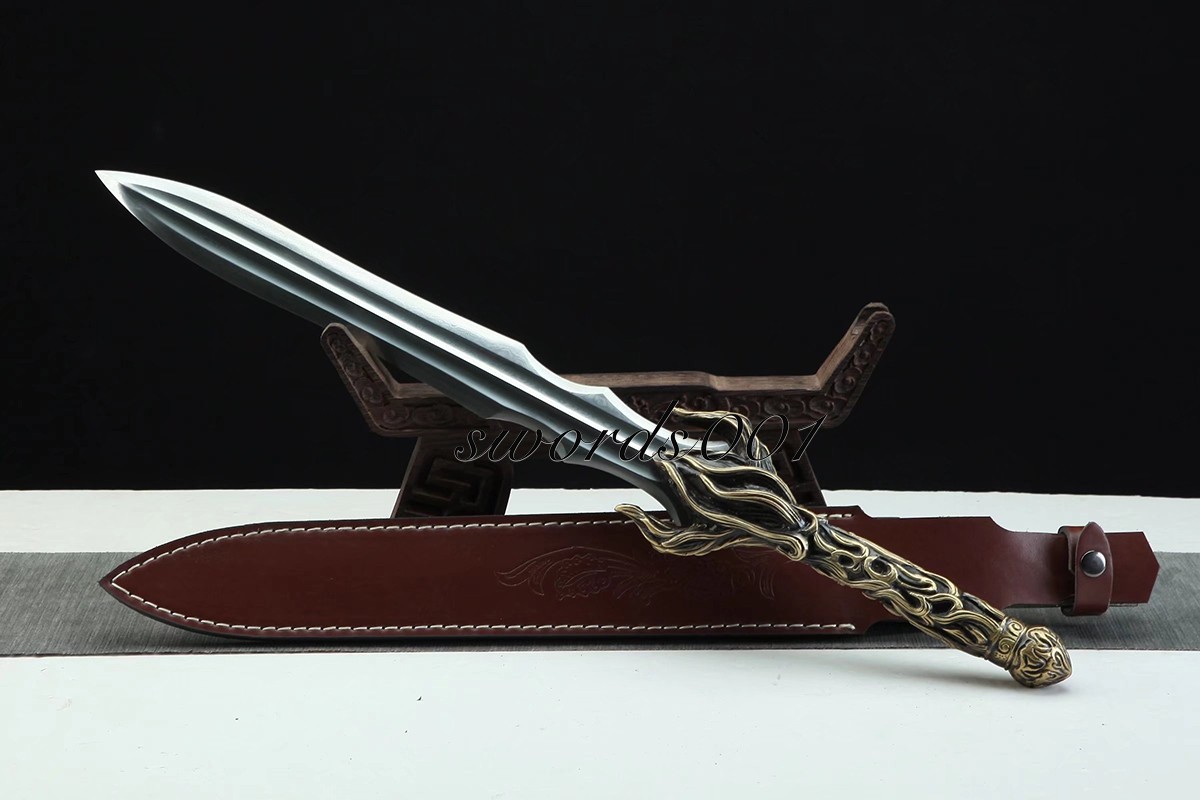 Handmade Exquisite Brass Handle Short Sword Damascus Steel Blade Leather Sheath