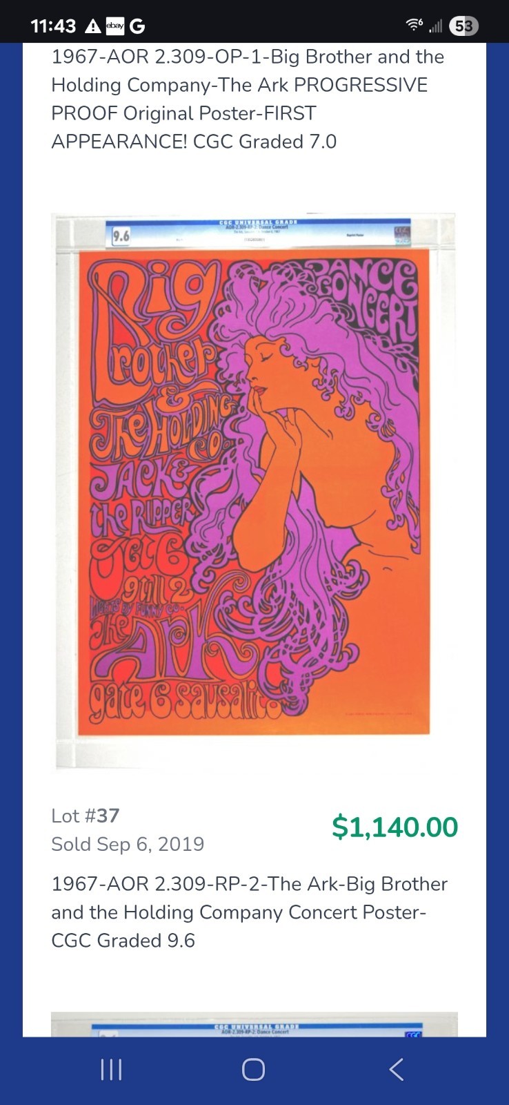Big Brother Janis Ark Sausalito Poster AOR 2.309 1967 2nd Print RP-2 BG FD