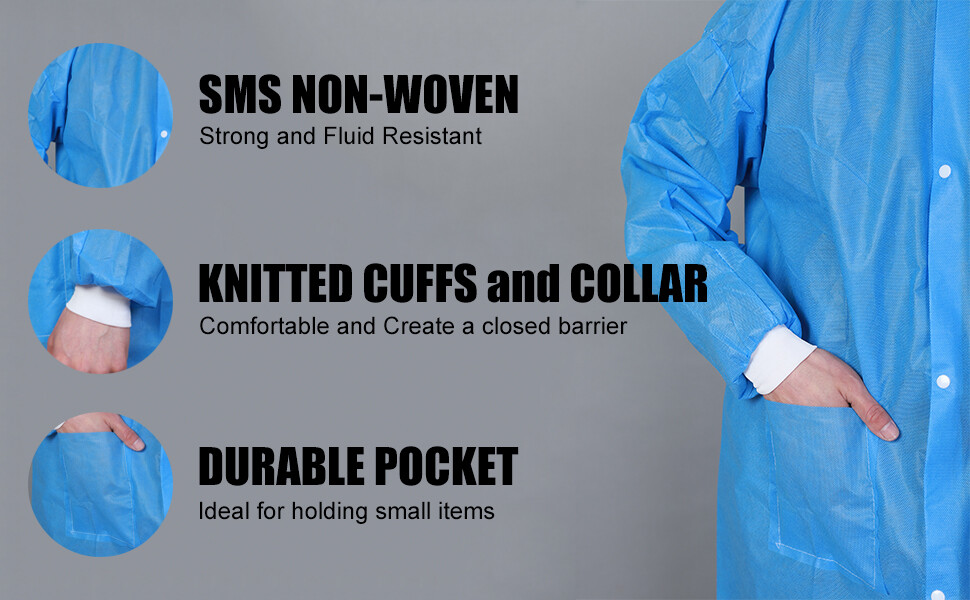 Case of 50 Medical Disposable SMS Lab Coat Gown Blue, 35gsm, With Pockets