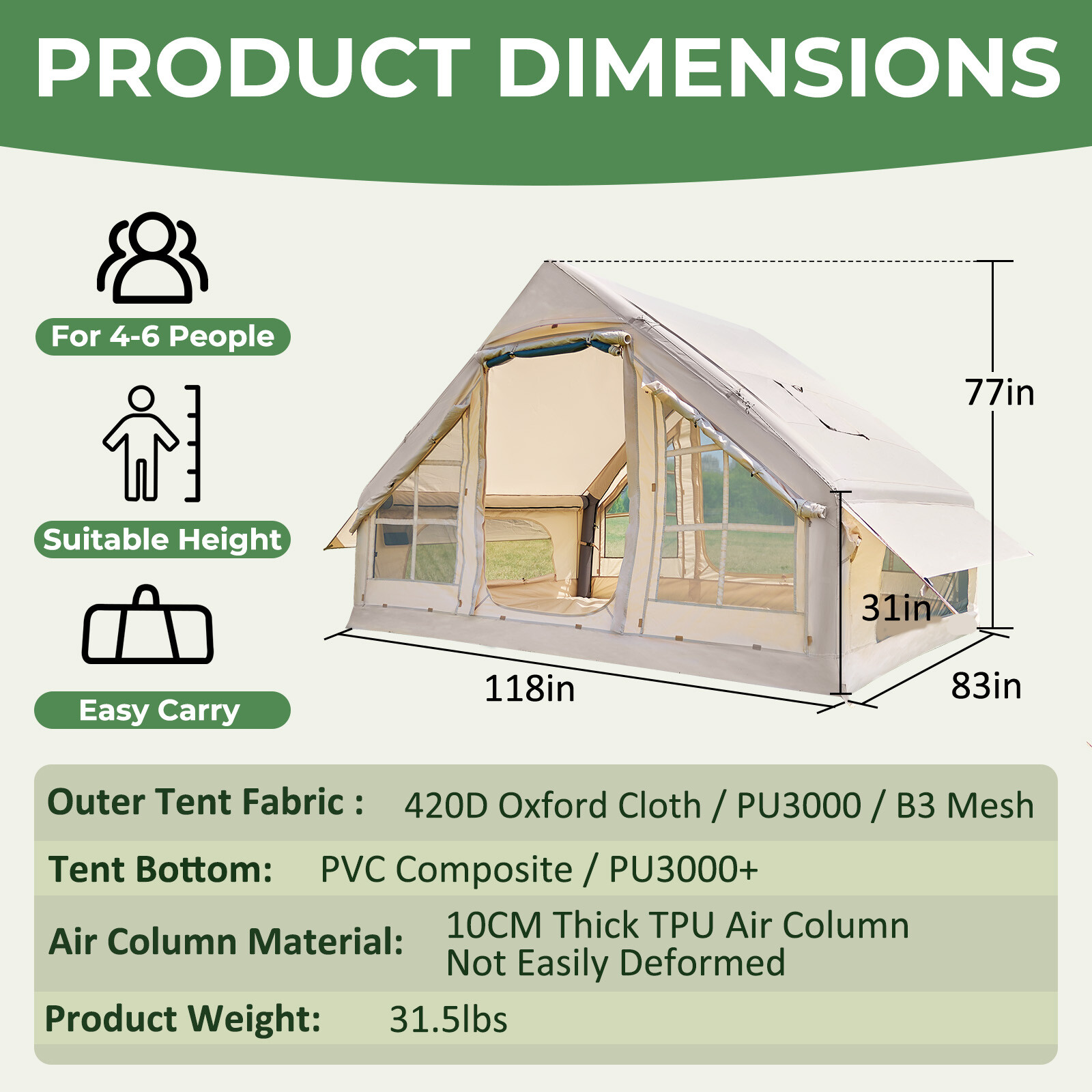 SLSY Inflatable Camping Tent with Pump 6 Person Family Camping Tent with Window