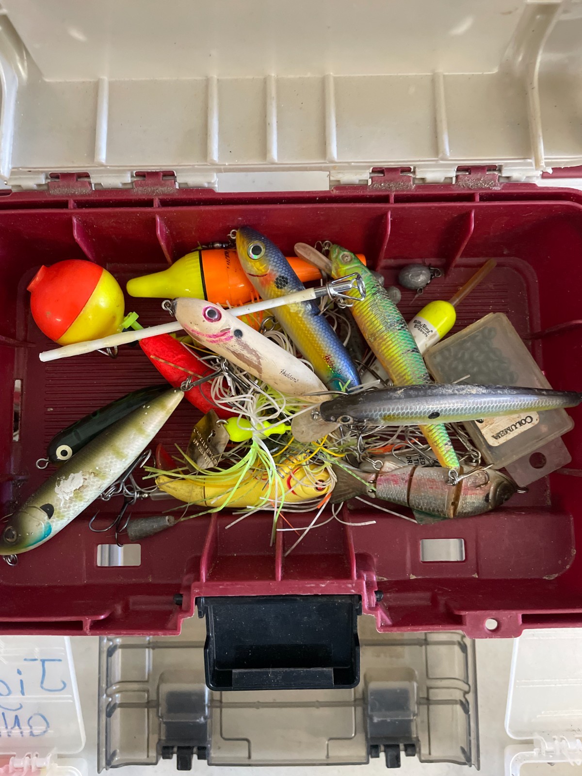 Plano Fishing Tackle Box Including Lot of Lures Hooks Weights Worms